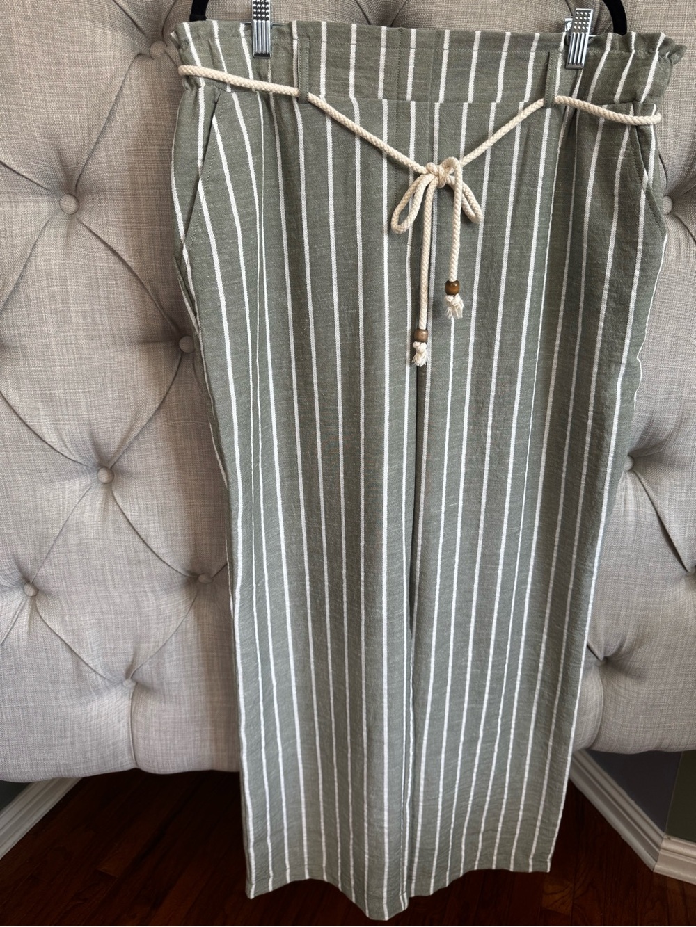 Soho Apparel Olive Green & White Striped Paperbag Waist Maxi Skirt with Rope Tie